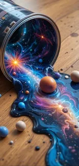 Paint can with cosmic universe spilling onto the floor.