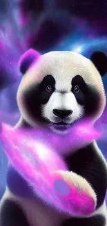 A panda in cosmic purple and blue hues as a mobile phone wallpaper.