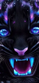 Cosmic panther with neon colors and galaxy background.