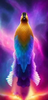 Colorful cosmic parrot in galaxy setting with vibrant purple and orange hues.