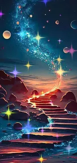 Surreal cosmic pathway wallpaper with stars and galaxies in vibrant colors.