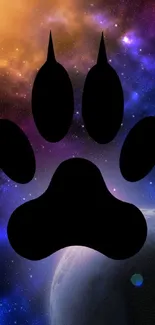 Vibrant cosmic paw print with space background.