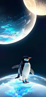 Penguin standing on a planet with two glowing moons in a starry cosmic scene.