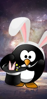 Penguin in rabbit ears performs magic in a cosmic galaxy setting.