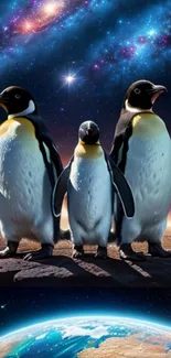 Three penguins under a starry galaxy in a vibrant cosmic setting.