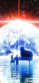 Silhouette of a pianist with a cosmic Earth backdrop and ocean reflection.