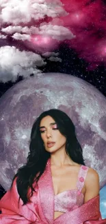 Woman in pink with moon and galaxy background.