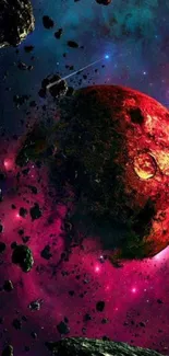 Red planet surrounded by asteroids in vibrant cosmic scene.