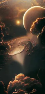 Surreal cosmic scene with planets and clouds in dark tones.