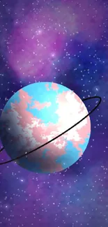 Colorful planet with starry purple space background.