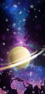 Cosmic wallpaper with planet and stars in a mystical forest setting.