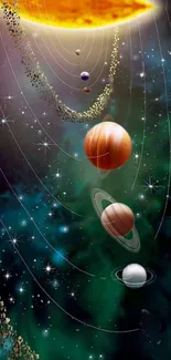 Mobile wallpaper featuring planets in vibrant cosmic setting.