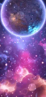 Vibrant cosmic wallpaper with nebula and glowing planet.