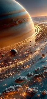 Planet with glowing rings and celestial bodies in space.