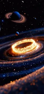 Cosmic scene with a vibrant planetary ring and distant planets.