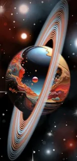 Colorful cosmic scene with planetary rings and stars.