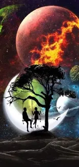 Cosmic scene with planets and a silhouette on a swing under a tree.