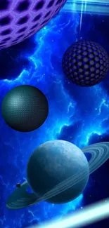 Cosmic scene with vibrant planets and blue space background.