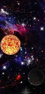 Vibrant cosmic wallpaper with stars and fiery planet.