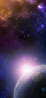 Space-themed wallpaper with a distant planet and colorful nebula.