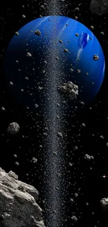 Mobile wallpaper featuring a blue planet surrounded by asteroids in space.