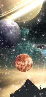 Cosmic wallpaper with planets and a starry sky.