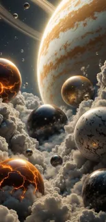 Vibrant planets surrounded by swirling clouds in a cosmic setting.