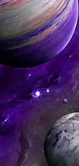 Vibrant cosmic planets against a purple galaxy.