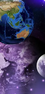 Purple cosmic wallpaper featuring planets and stars.