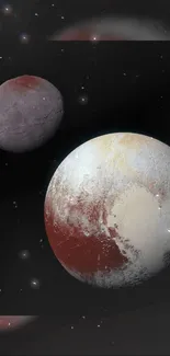 Two planets in cosmic space with dark galaxy background.