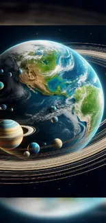 Colorful cosmic view of planets with Earth in space.