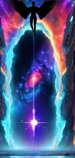 Silhouette of angel over a vibrant cosmic portal with galaxy background.