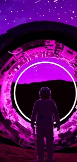 Astronaut standing before a vibrant, purple cosmic portal at night.