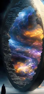 A cosmic portal with vibrant swirling galaxies.