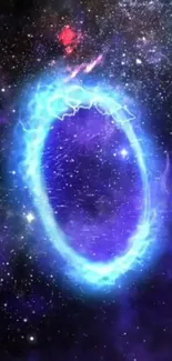 Blue cosmic portal in starry galaxy wallpaper.