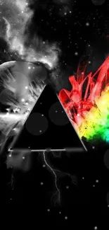 Cosmic prism art with vibrant rainbow flow and celestial background.