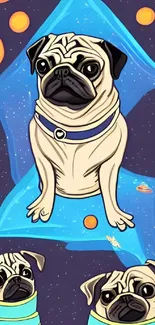 Cartoon pugs on a cosmic space-themed mobile wallpaper.