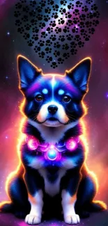 Colorful cosmic puppy with galaxy background and heart paw prints.