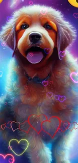 Cartoon puppy with glowing hearts in a cosmic backdrop.