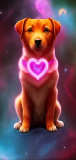 A cosmic-themed puppy with a glowing heart on a nebula background.