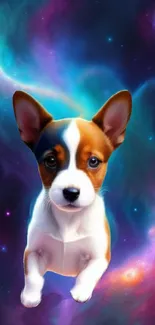 Cute puppy in a vibrant galaxy background as phone wallpaper.