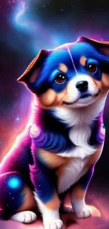 Colorful puppy with cosmic galaxy background.