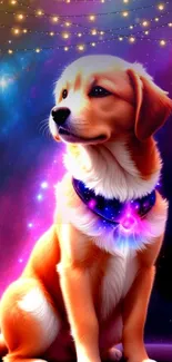 Adorable puppy with glowing collar in a cosmic galaxy setting.