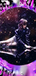 A woman posed in a cosmic purple-themed art with a starry backdrop.