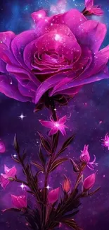 Vibrant cosmic purple rose with starry backdrop.