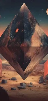 Surreal cosmic pyramid in desert landscape with starry sky.