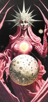 Fantasy art of cosmic queen with glowing orb and crown in vibrant pink hues.