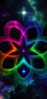 Colorful cosmic flower design on a starry background.