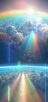 Cosmic scene with rainbow and clouds, ideal for mobile wallpaper.