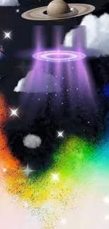 Cosmic theme wallpaper with rainbow and planet.